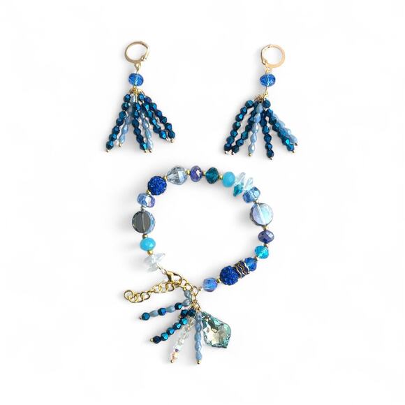 Swarovski Beaded Bracelet & Earrings Set – Blue & Gold Women’s Jewelry Gift - Picture 10 of 15